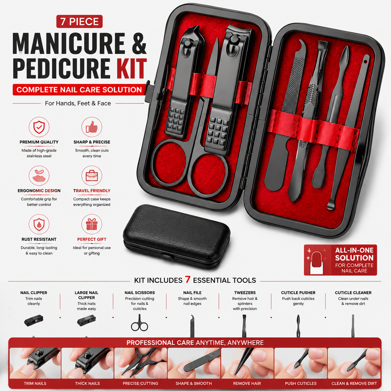 7 Piece Black Manicure Grooming Kit - Image 2